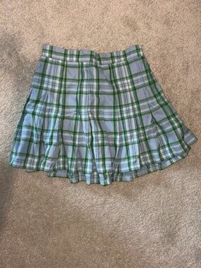 Aerie Green & Light Blue Plaid Pleated Skirt